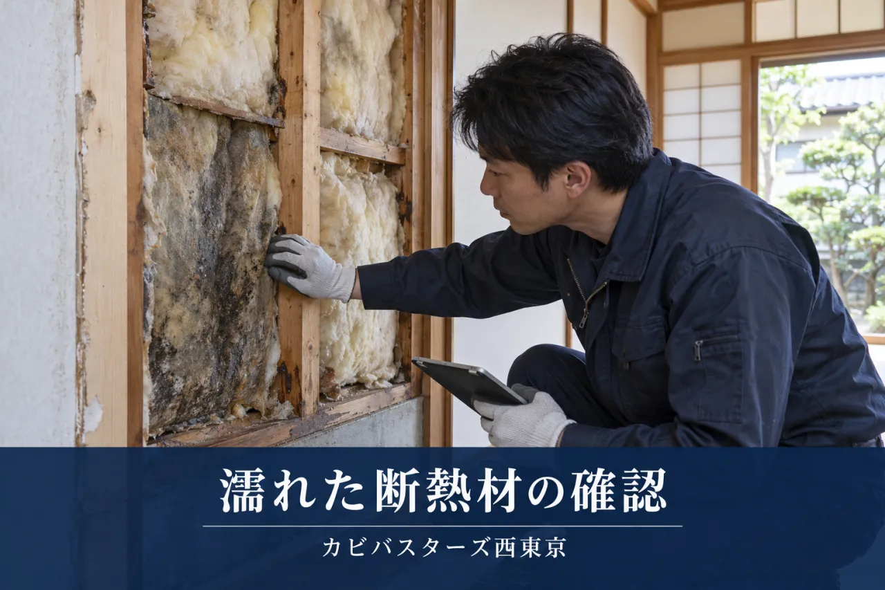 カビバスターズ西東京：神奈川の浸水住宅｜濡れた断熱材とカビを隠す前にのイメージ