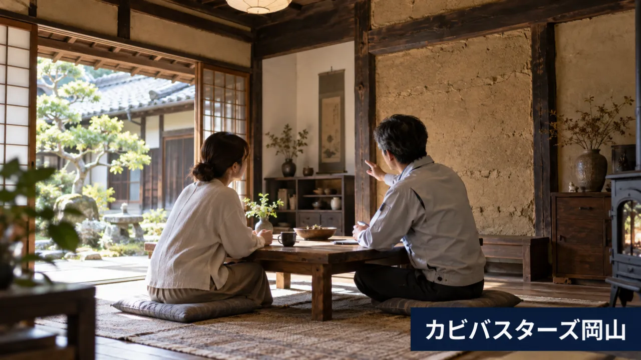 古民家の土壁と木部を確認するイメージ