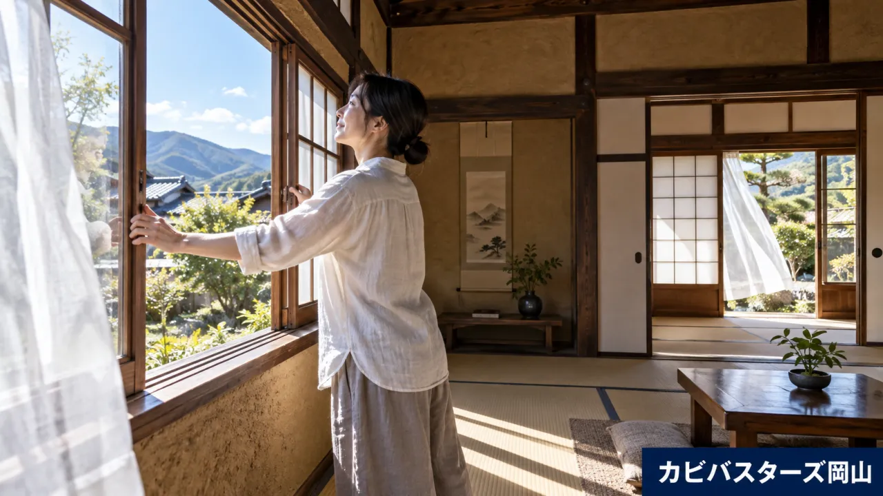 古民家の室内で窓を開けて換気するイメージ
