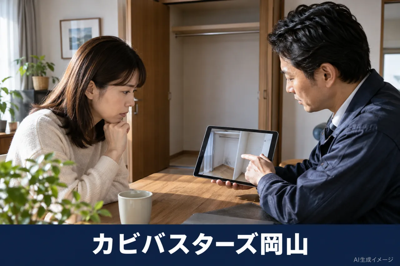 住まいのカビについて写真を見ながら相談する説明イメージ