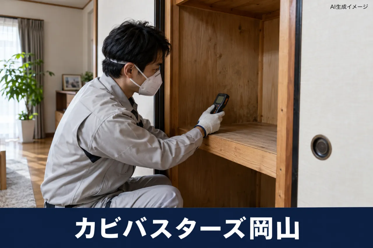 専門スタッフが収納の木部を含水率計で調べる説明イメージ