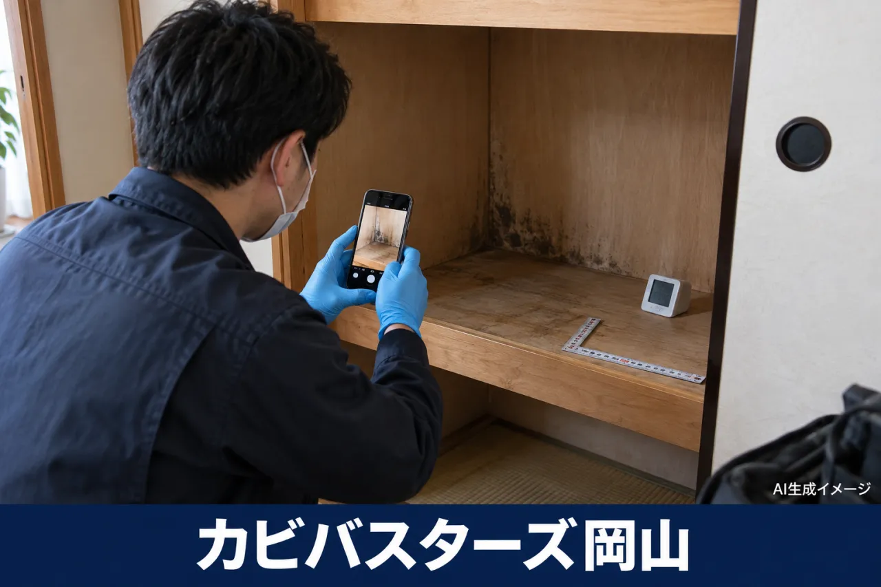 空にした収納棚の変色を写真とメモで記録する説明イメージ