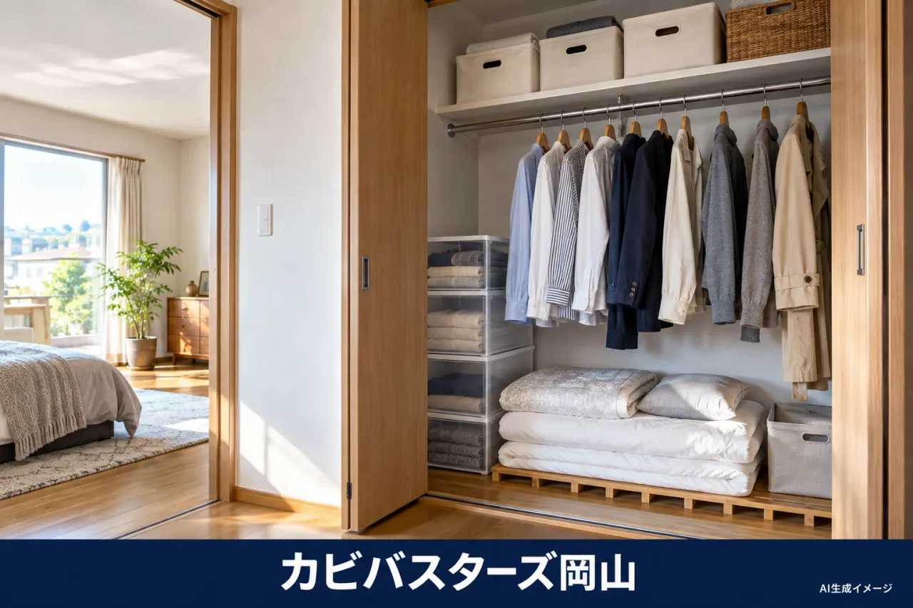 乾いた衣類と布団を隙間を確保して収納する説明イメージ